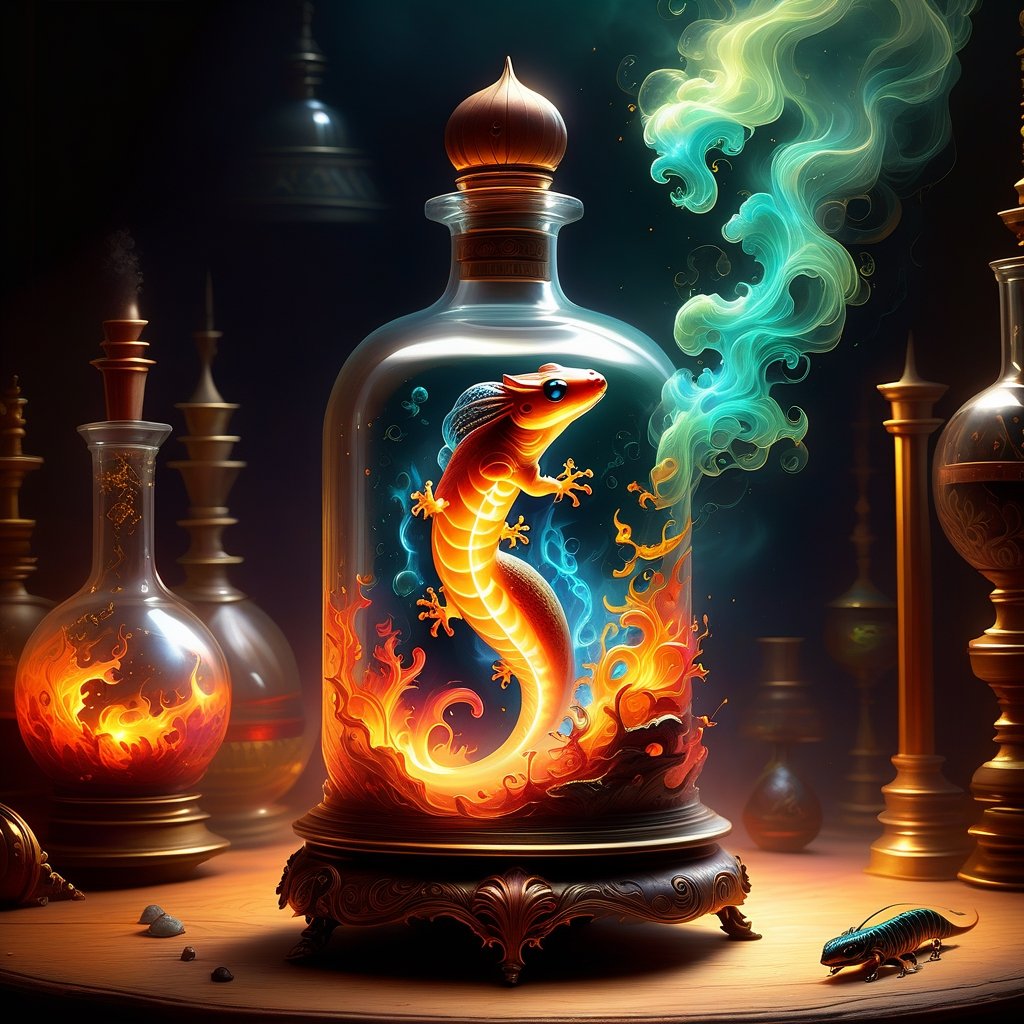On fire!!! A fairytale illustration and Action painting,  "Trapped in a decorative bottle!!!" Contained in glass Is an eth...