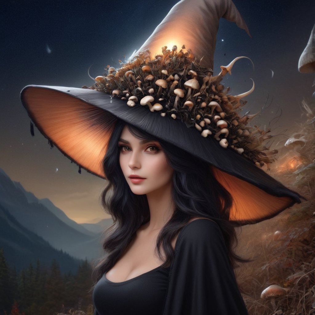 A beautiful witch stagazing on a hill at night, black hair, dreamy epic starry sky, Wearing a inkycapwitchyhat made from a single coprinus comatus mushroom cap, textured, painting,Decora_SWstyle,photo_b00ster