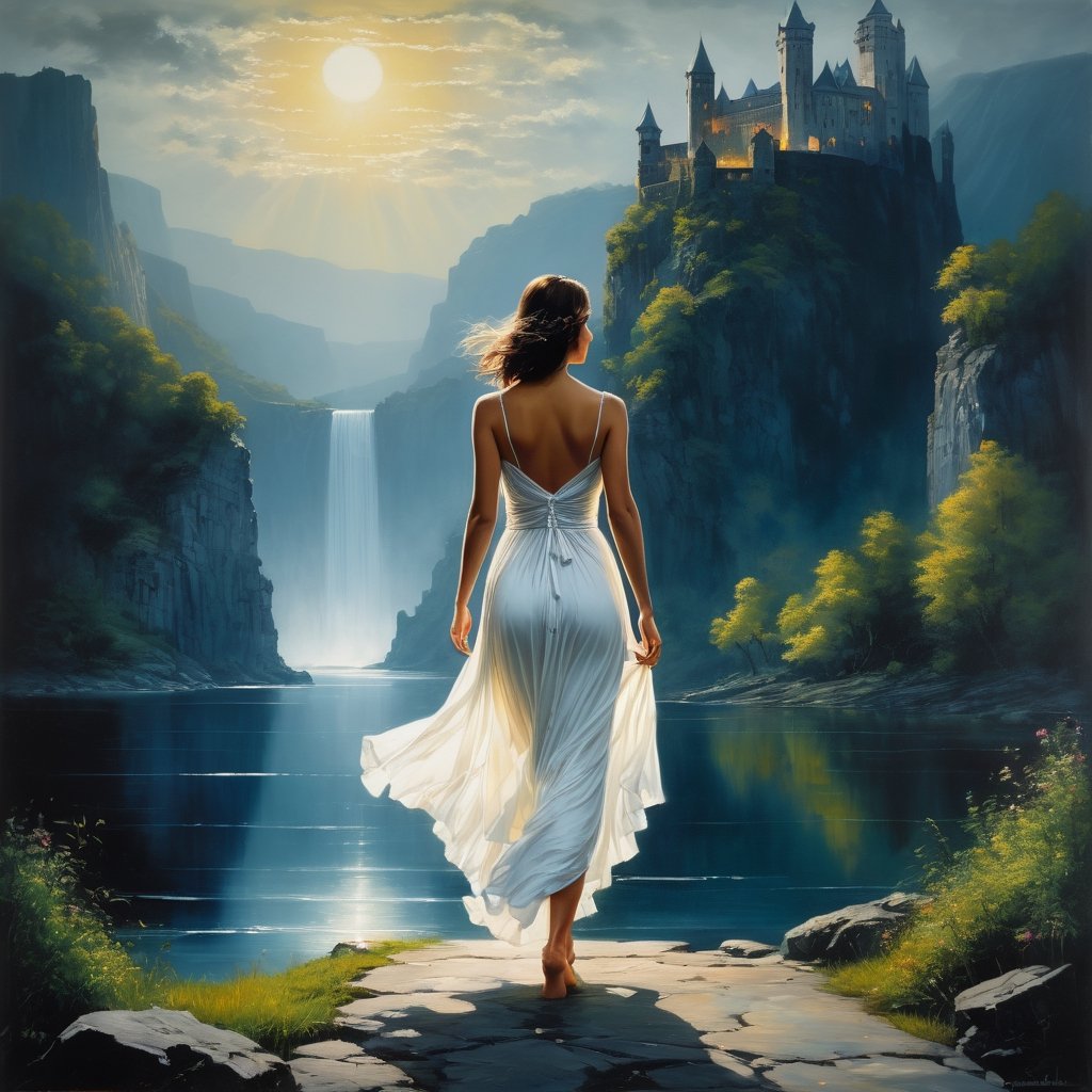 ""Dark romance fantasy,  an angelic mature woman wearing a white loose dress is walking towards the viewer!! full body hea...