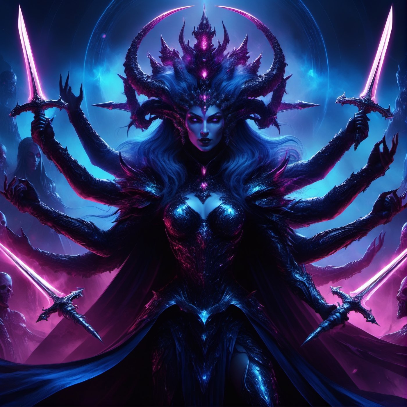 1girl, perfect face, Dark synth war deity, deified queen, empress, many arms, holding magic, holding swords, army of the dead behind her, epic, digital illustration painting, perfect composition, blue and pink horrorcore scifi synth art painting,more detail XL