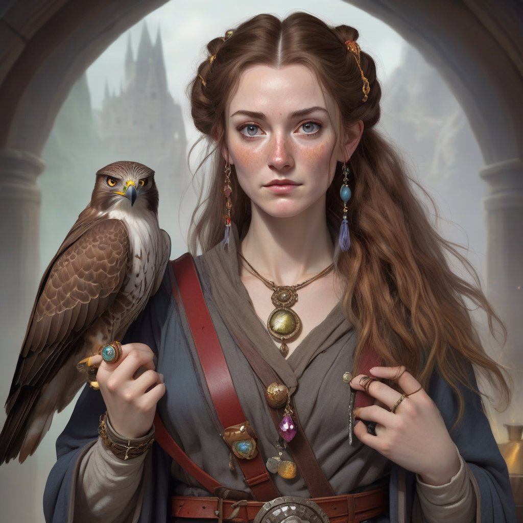 A fantasy character concept portrait of a human wizard woman with pale complexion, subtle freckles, mousy dark brown messy long hair pulled back in a low messy bun, ((face reminiscent of  Jane Seymour)), clever grey eyes, skeptical annoyed condescending expression, worn and layered traveling wizard clothing in earthy colors adorned with various colorful magical trinkets, a spellbook and potion vials attached to her belt, and a magical red-tailed hawk perched on her shoulder. The background is detailed, with a captivating composition and color, blending fantasy and realism 