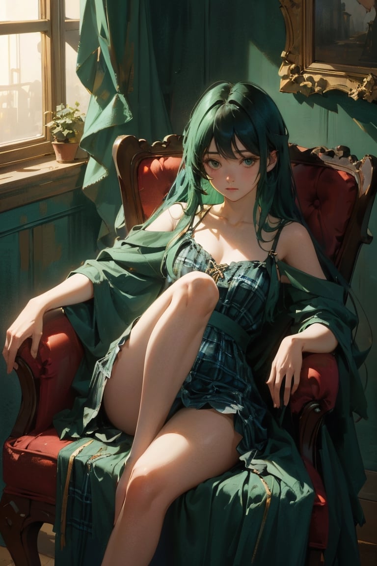 (masterpiece, best quality), desktop_background, 1girl, solo, sitting on chair, one leg crossed, long hair, messy plaid with parted bangs, emerald hair, pelvic curtain dress, dark room, cinematic shot, ambient light 