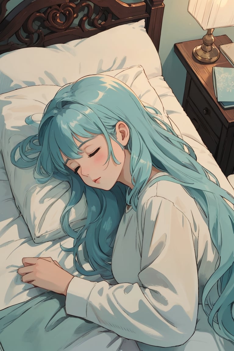 masterpiece, best quality, illustration, dishevelled hair, 1girl, solo, cute, aqua hair, sleeping on bed, with blanket, white t-shirt, indoor, room scene, table, pastel composition, pov from above, Dutch angle,nodf_lora