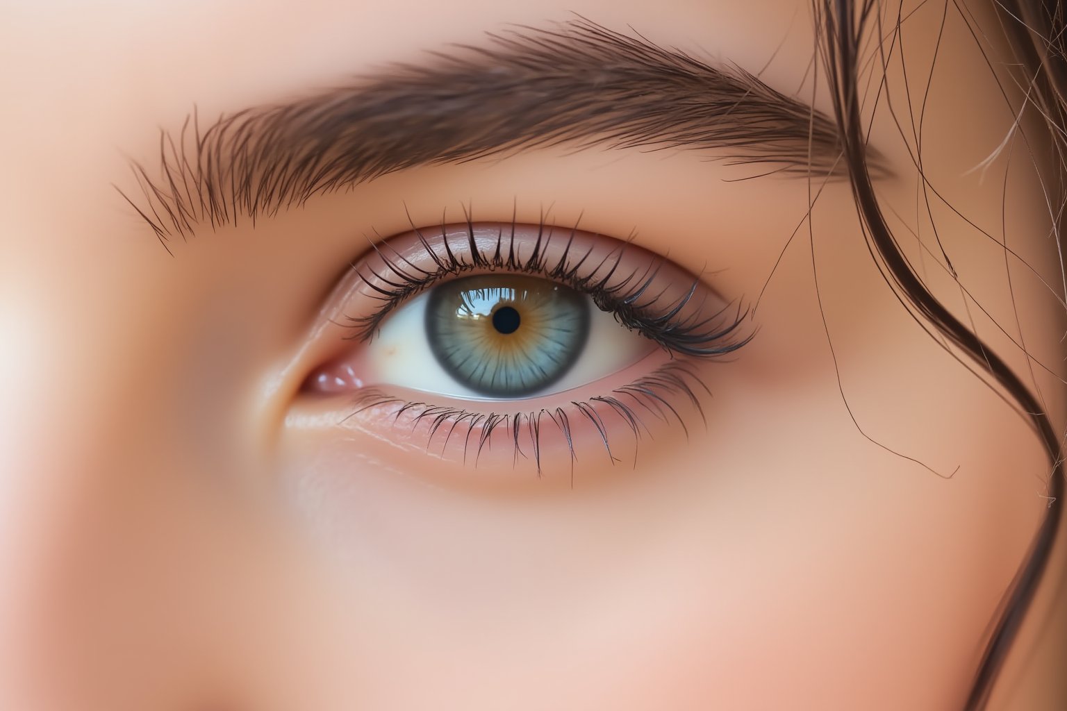 A close-up of eyes from woman wearing a sheer fall eye shades. 
Focus on the sheer, almost clear quality of the eye shadows, highlighting the natural eye color enhanced by the glossy finish. Use soft, flattering lighting to emphasize the healthy, nourished appearance of the eyes. 