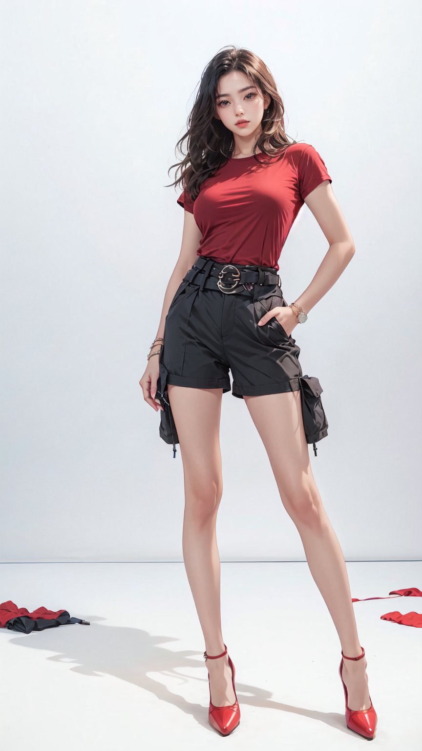 1girl, solo, black long hair, (red shirt), (low rise cargo shorts), (waist belts), (red pump shoes), Confidence and pride,1 girl ,beauty,Young beauty spirit, realistic, ultra detailed, photo shoot, raw photo,(brilliant composition),fullwhite_background