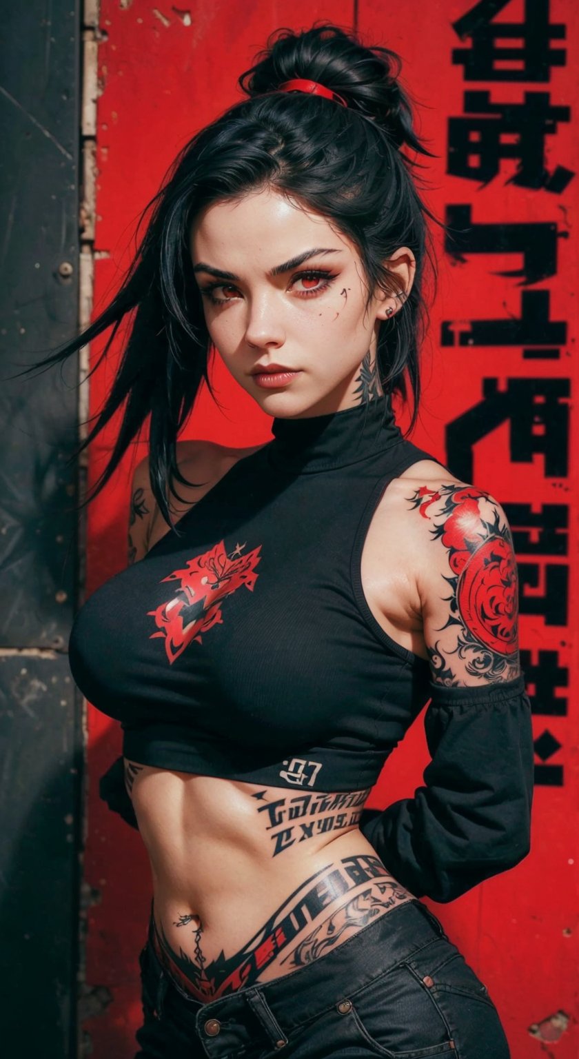 score_9, score_8_up, score_7_up, (midriff:1.2), charcoal art, 1girl, a portrait goth girl with natural face, black lips, (((hand punch own arms))), red background, midriff, medium breasts, arm tattoo, neck tattoo, urban tech, looking_at_viewer