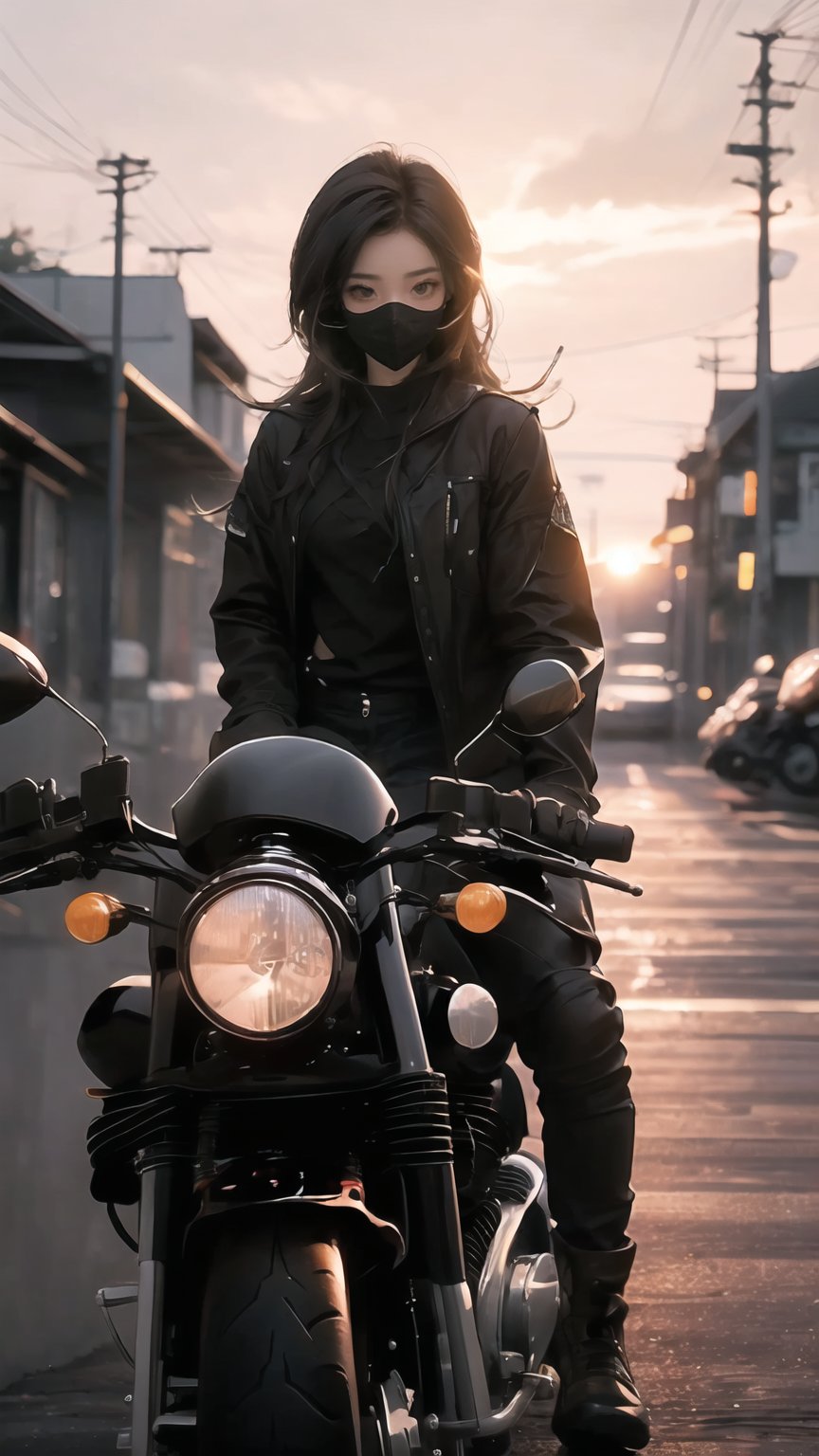 surreal, beautiful girl, wearing Geographer Motorcycle gear, at Sunset, split diopter, Movie still, Shameful, animification, photo_b00ster, brilliant composition