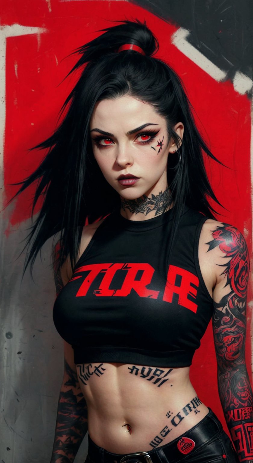 score_9, score_8_up, score_7_up, (midriff:1.2), charcoal art, 1girl, a portrait goth girl with natural face, black lips, (((hand punch own arms))), red background, midriff, medium breasts, arm tattoo, neck tattoo, urban tech, looking_at_viewer