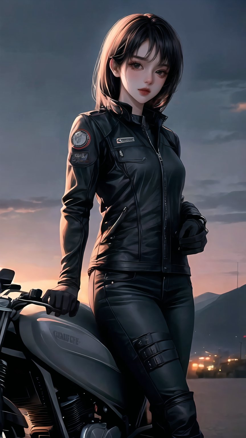 surreal, beautiful girl, wearing Geographer Motorcycle gear, at twilight, split diopter, Movie still, Shameful, animification, photo_b00ster, brilliant composition, full photo