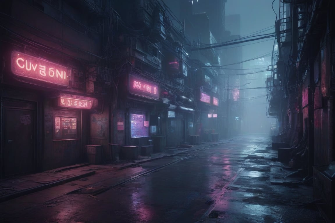 Photo realistic, cinematic, high quality, cyberpunk alley, narrow cyberpunk street, with neon signs, cables and pipes, shopping street, ventilation ducts, floor drains smoking, electric registers, abandoned look, fog city, dark city dark environment
