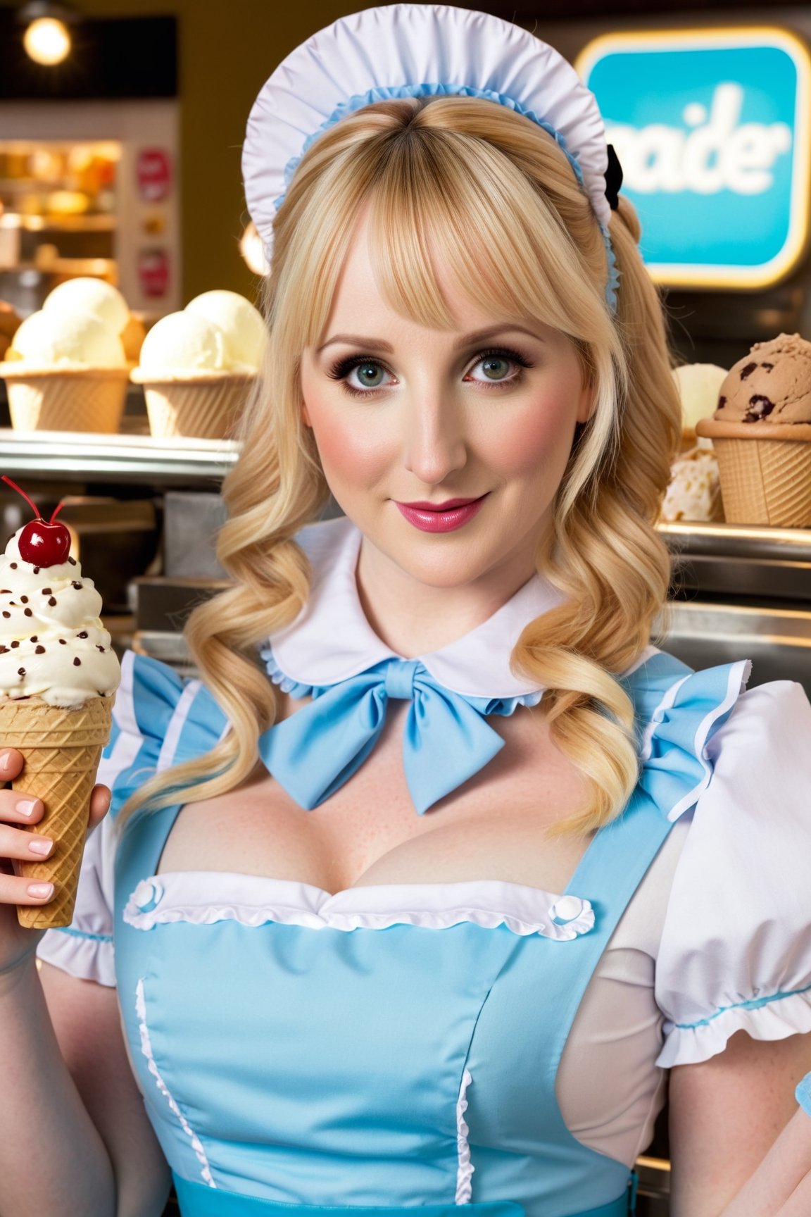 (8k, High Definition), high resolution, (realistic, photo-realistic), Melissa Rauch, maid costume, in ice cream shop, cute, detailed skin, realistic skin details, visible pores,