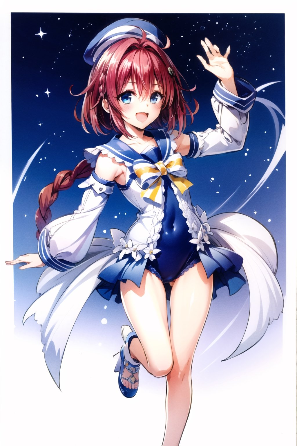 cowboy shot,1girl, kurosaki meia, solo, long hair, 😘,one-piece swimsuit,detached sleeves,sailor collar,sailor hat,blue eyes, braid, very long hair, open mouth, red hair, smile, hair ornament, white background, simple background, ahoge, full body, :d, single braid, looking at viewer,

 night city background, night sky, stars, cloud, shooting star