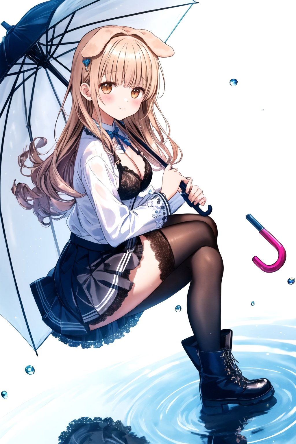 lace bra, long hair,curly hair, (folded dog ears: 1.1), best quality, masterpiece, highres, 1girl,  Mahiru Shiina, intricate details, hairpin, looking slightly shyly to the side, dynamic angle, from side, from above, 1girl, solo, holding {transparent umbrella}, looking at viewer, blush, black hair, hair ornaments, hairpin, frilled shirt, lacing sleeves, miniskirt, black legwear, boots, white background, ray tracing, blue light, {waterdrops}, ripples, reflection, light particles, bokeh,