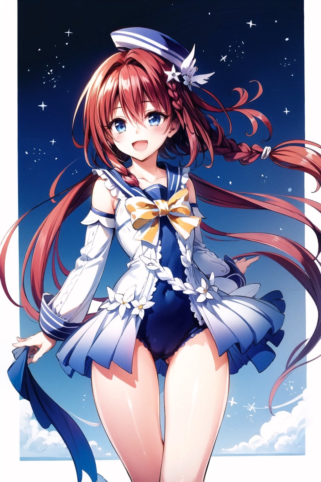 cowboy shot,1girl, kurosaki meia, solo, long hair, 😘,one-piece swimsuit,detached sleeves,sailor collar,sailor hat,blue eyes, braid, very long hair, open mouth, red hair, smile, hair ornament, white background, simple background, ahoge, full body, :d, single braid, looking at viewer,

 night city background, night sky, stars, cloud, shooting star