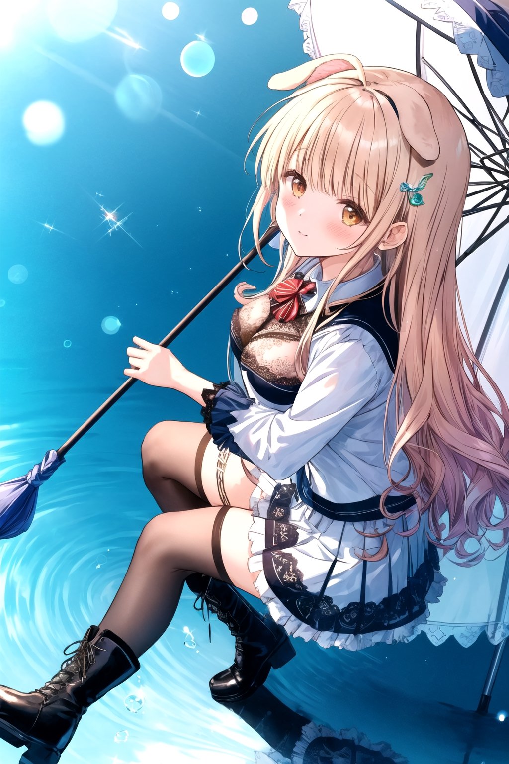 lace bra, long hair,curly hair, (folded dog ears: 1.1), best quality, masterpiece, highres, 1girl,  Mahiru Shiina, intricate details, hairpin, looking slightly shyly to the side, dynamic angle, from side, from above, 1girl, solo, holding {transparent umbrella}, looking at viewer, blush, black hair, hair ornaments, hairpin, frilled shirt, lacing sleeves, miniskirt, black legwear, boots, white background, ray tracing, blue light, {waterdrops}, ripples, reflection, light particles, bokeh,