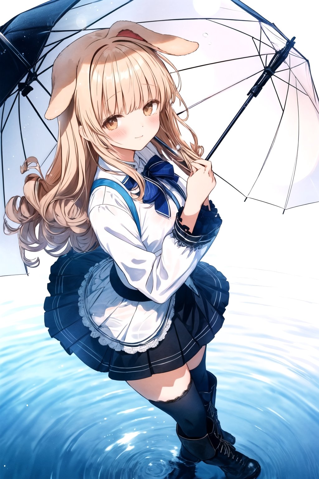 (wink: 1.1), long hair,curly hair, (folded dog ears: 1.1), best quality, masterpiece, highres, 1girl,  Mahiru Shiina, intricate details, hairpin, looking slightly shyly to the side, dynamic angle, from side, from above, 1girl, solo, holding {transparent umbrella}, looking at viewer, blush, black hair, hair ornaments, hairpin, frilled shirt, lacing sleeves, miniskirt, black legwear, boots, white background, ray tracing, blue light, {waterdrops}, ripples, reflection, light particles, bokeh,