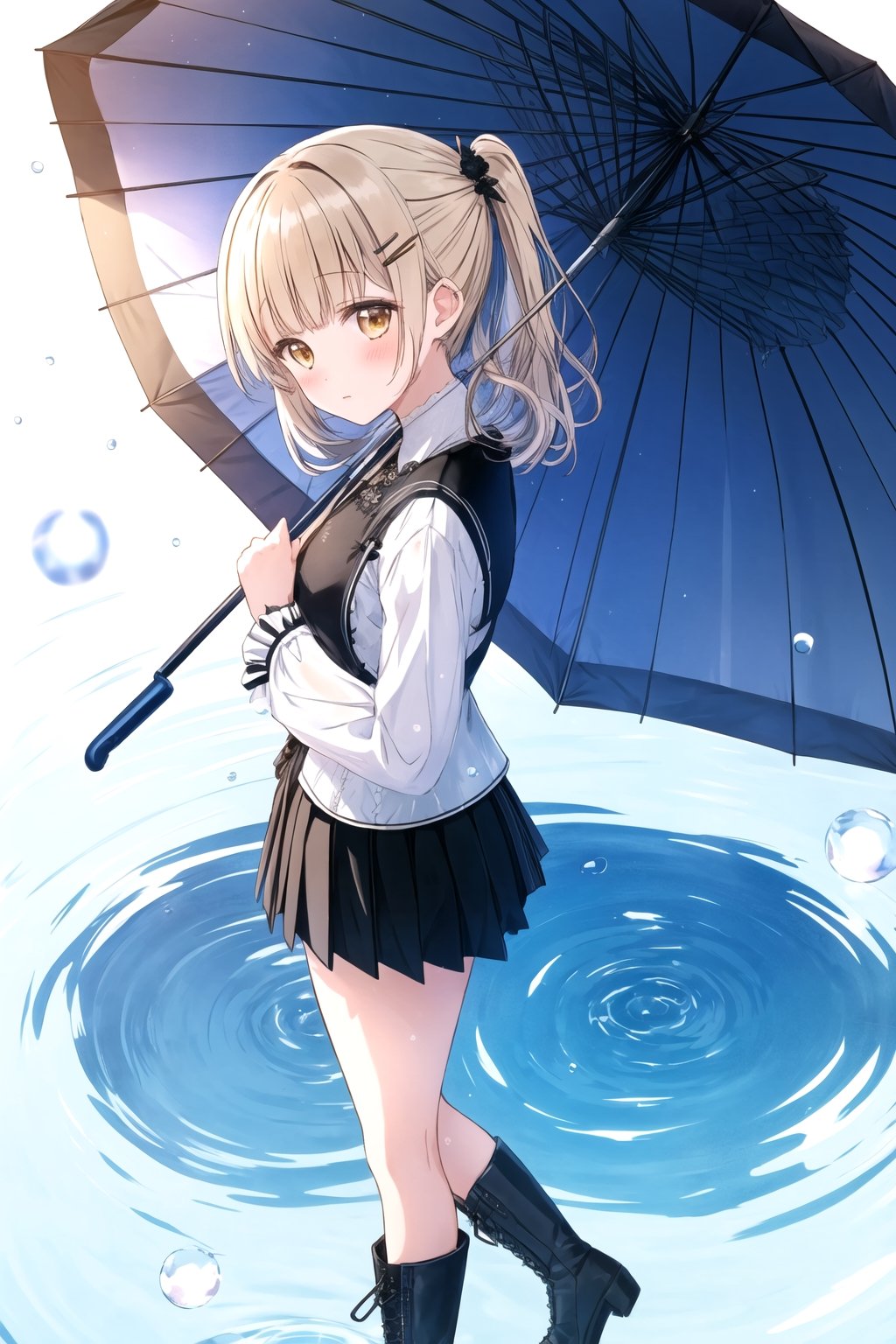 best quality, masterpiece, highres, 1girl,  Mahiru Shiina, intricate details, hairpin, looking slightly shyly to the side, dynamic angle, from side, from above, 1girl, solo, holding {transparent umbrella}, looking at viewer, blush, black hair, hair ornaments, hairpin, frilled shirt, lacing sleeves, miniskirt, black legwear, boots, white background, ray tracing, blue light, {waterdrops}, ripples, reflection, light particles, bokeh,