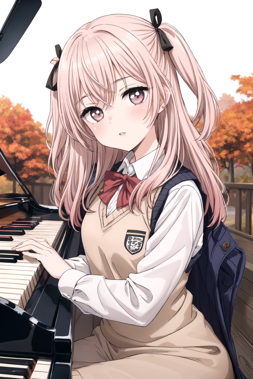 best quality, (masterpiece:1.2), detailed,inui sajuna juju,1girl, solo, head tilt,parted_lips, blush,pink hair, pink eyes, long hair, looking at the viewer, two side up,

 Instrument: A girl playing a grand piano with piano keys visible, musical notes on the piano.,

 Multicolored Hair with Hair Ribbon: Hair featuring gradient hues, adorned with a hair ribbon.,

 Brown Dress and White Jacket: Outfit consisting of a brown dress paired with a white jacket.,

 Autumn Leaves: Incorporating the theme of autumn leaves in the background or as part of the scene. ,school uniform, sweater vest