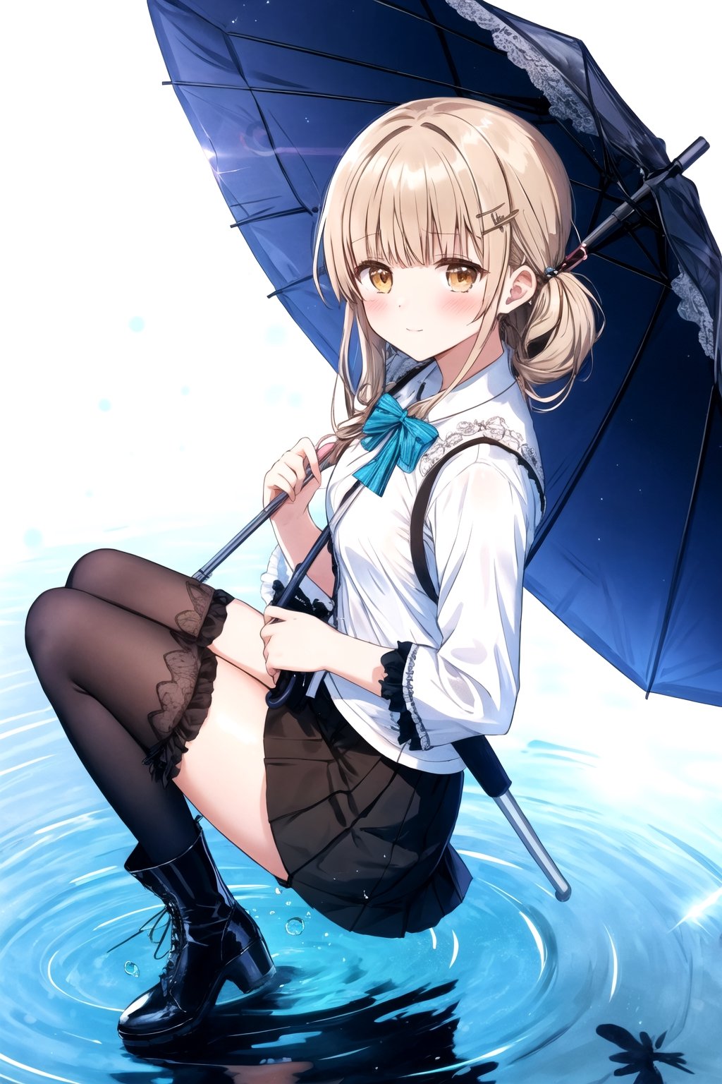 best quality, masterpiece, highres, 1girl,  Mahiru Shiina, intricate details, hairpin, looking slightly shyly to the side, dynamic angle, from side, from above, 1girl, solo, holding {transparent umbrella}, looking at viewer, blush, black hair, hair ornaments, hairpin, frilled shirt, lacing sleeves, miniskirt, black legwear, boots, white background, ray tracing, blue light, {waterdrops}, ripples, reflection, light particles, bokeh,