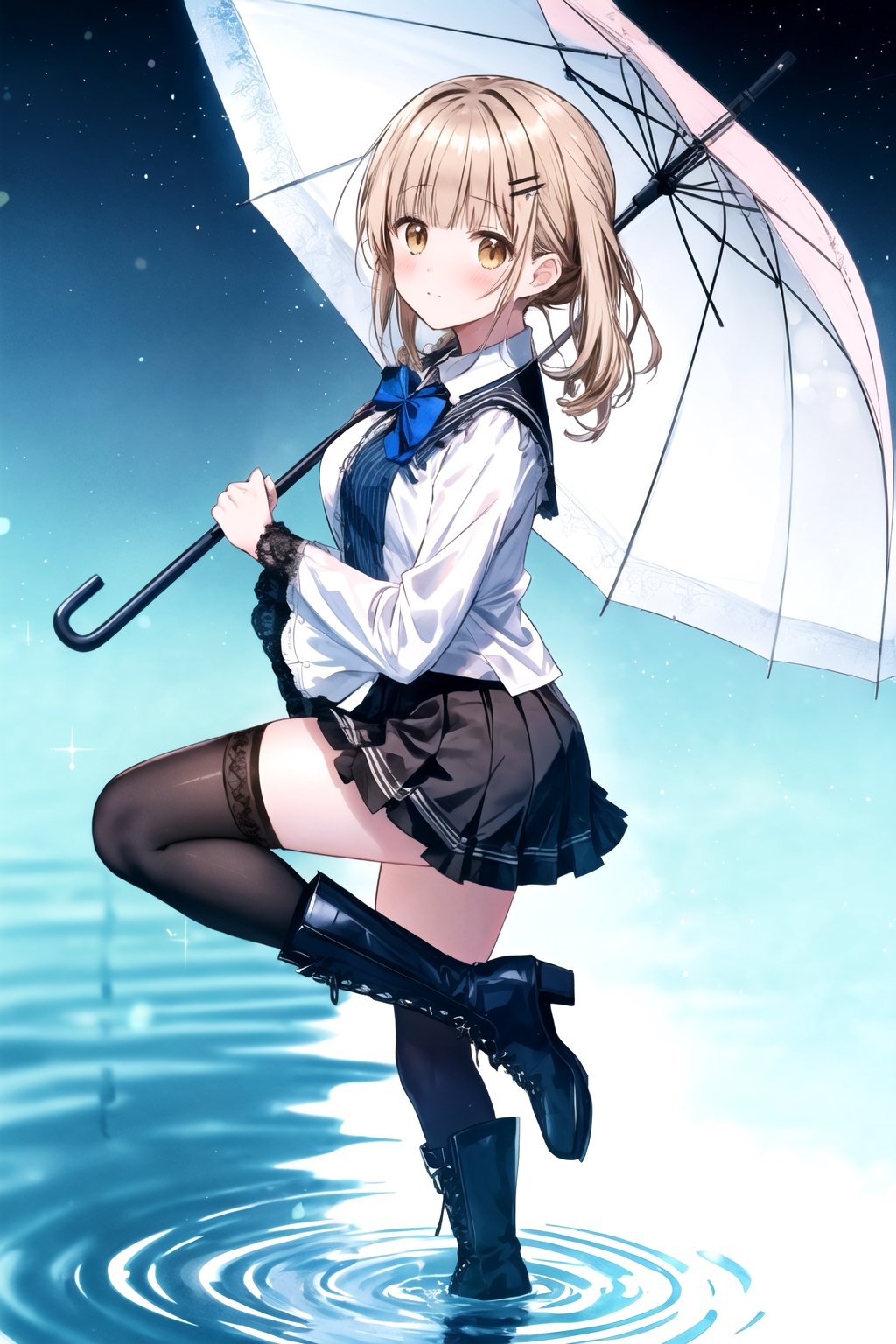 best quality, masterpiece, highres, 1girl,  Mahiru Shiina, intricate details, hairpin, looking slightly shyly to the side, dynamic angle, from side, from above, 1girl, solo, holding {transparent umbrella}, looking at viewer, blush, black hair, hair ornaments, hairpin, frilled shirt, lacing sleeves, miniskirt, black legwear, boots, white background, ray tracing, blue light, {waterdrops}, ripples, reflection, light particles, bokeh,