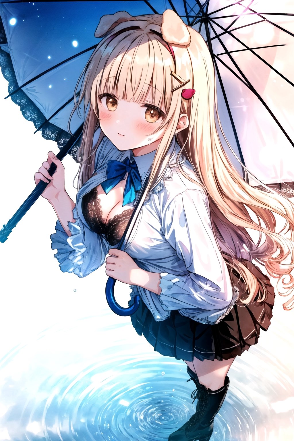 lace bra, long hair,curly hair, (folded dog ears: 1.1), best quality, masterpiece, highres, 1girl,  Mahiru Shiina, intricate details, hairpin, looking slightly shyly to the side, dynamic angle, from side, from above, 1girl, solo, holding {transparent umbrella}, looking at viewer, blush, black hair, hair ornaments, hairpin, frilled shirt, lacing sleeves, miniskirt, black legwear, boots, white background, ray tracing, blue light, {waterdrops}, ripples, reflection, light particles, bokeh,