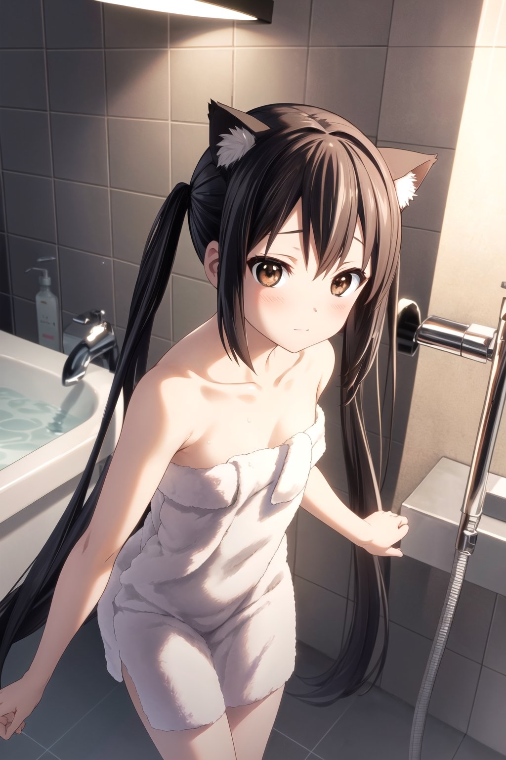 pussy,nsfw,nipples,1girl, solo, azusa nakano, cat ears, nsfw, strap slip,

(masterpiece, best quality:1.3), ultra detailed, 8k unity wallpapers, CG, dutch angle, ray tracing, illustration, colorful, cinematic shadow, extremely detailed and beautiful background, shadering VRay, RT, looking at viewer, ultra detailed, atmospheric, nakedflashing, extremely detailed 8K wallpaper, cowboy shot, from from top,

intricate details, bath towel, covering body, looking slightly shyly to the side, thigh, head_tilt, black hair, (brown eyes:1.5), long hair, twintails,

The girl can be in a soft pastel-colored bath towel, with a hint of delicate embroidery or lace, paired with matching slippers or sandals. These tones create a sense of comfort and relaxation in the bathroom environment.,

scenic, Set against a backdrop of tiled walls and a showerhead, with soft ambient lighting.,

cute face, blush