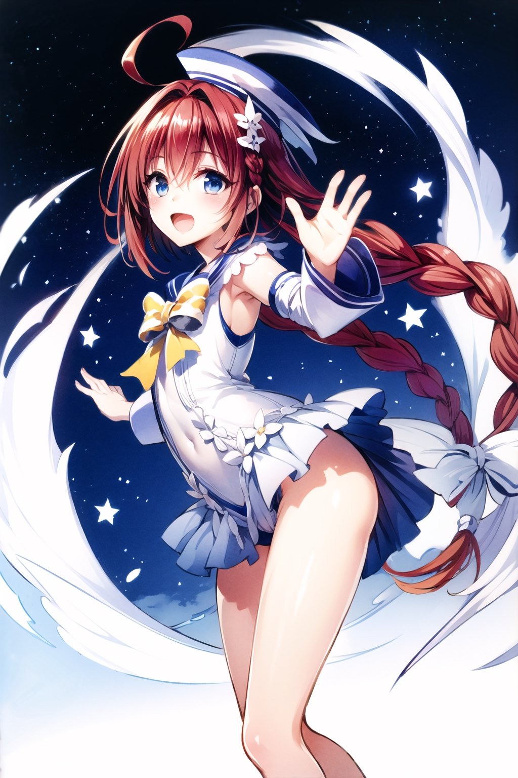 cowboy shot,1girl, kurosaki meia, solo, long hair, 😘,one-piece swimsuit,detached sleeves,sailor collar,sailor hat,blue eyes, braid, very long hair, open mouth, red hair, smile, hair ornament, white background, simple background, ahoge, full body, :d, single braid, looking at viewer,

 night city background, night sky, stars, cloud, shooting star