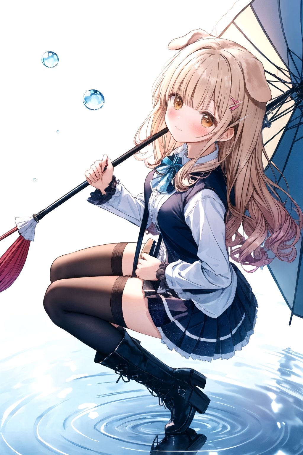 wink, long hair,curly hair, (folded dog ears: 1.1), best quality, masterpiece, highres, 1girl,  Mahiru Shiina, intricate details, hairpin, looking slightly shyly to the side, dynamic angle, from side, from above, 1girl, solo, holding {transparent umbrella}, looking at viewer, blush, black hair, hair ornaments, hairpin, frilled shirt, lacing sleeves, miniskirt, black legwear, boots, white background, ray tracing, blue light, {waterdrops}, ripples, reflection, light particles, bokeh,