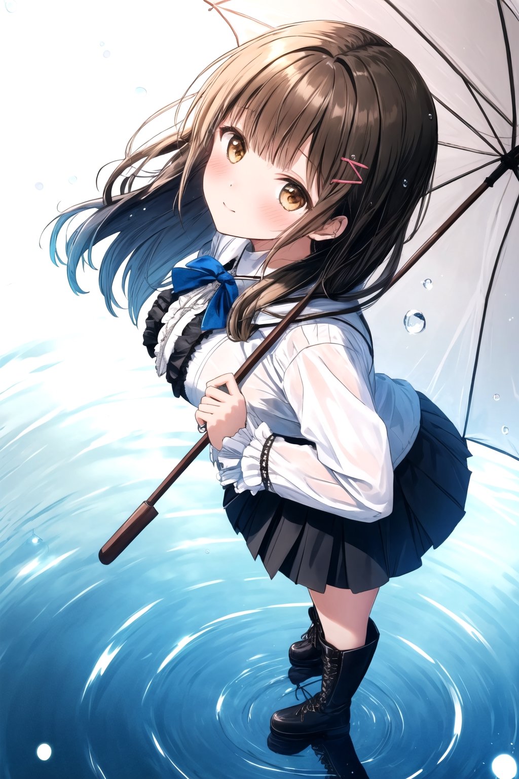 best quality, masterpiece, highres, 1girl,  Mahiru Shiina, intricate details, hairpin, looking slightly shyly to the side, dynamic angle, from side, from above, 1girl, solo, holding {transparent umbrella}, looking at viewer, blush, black hair, hair ornaments, hairpin, frilled shirt, lacing sleeves, miniskirt, black legwear, boots, white background, ray tracing, blue light, {waterdrops}, ripples, reflection, light particles, bokeh,