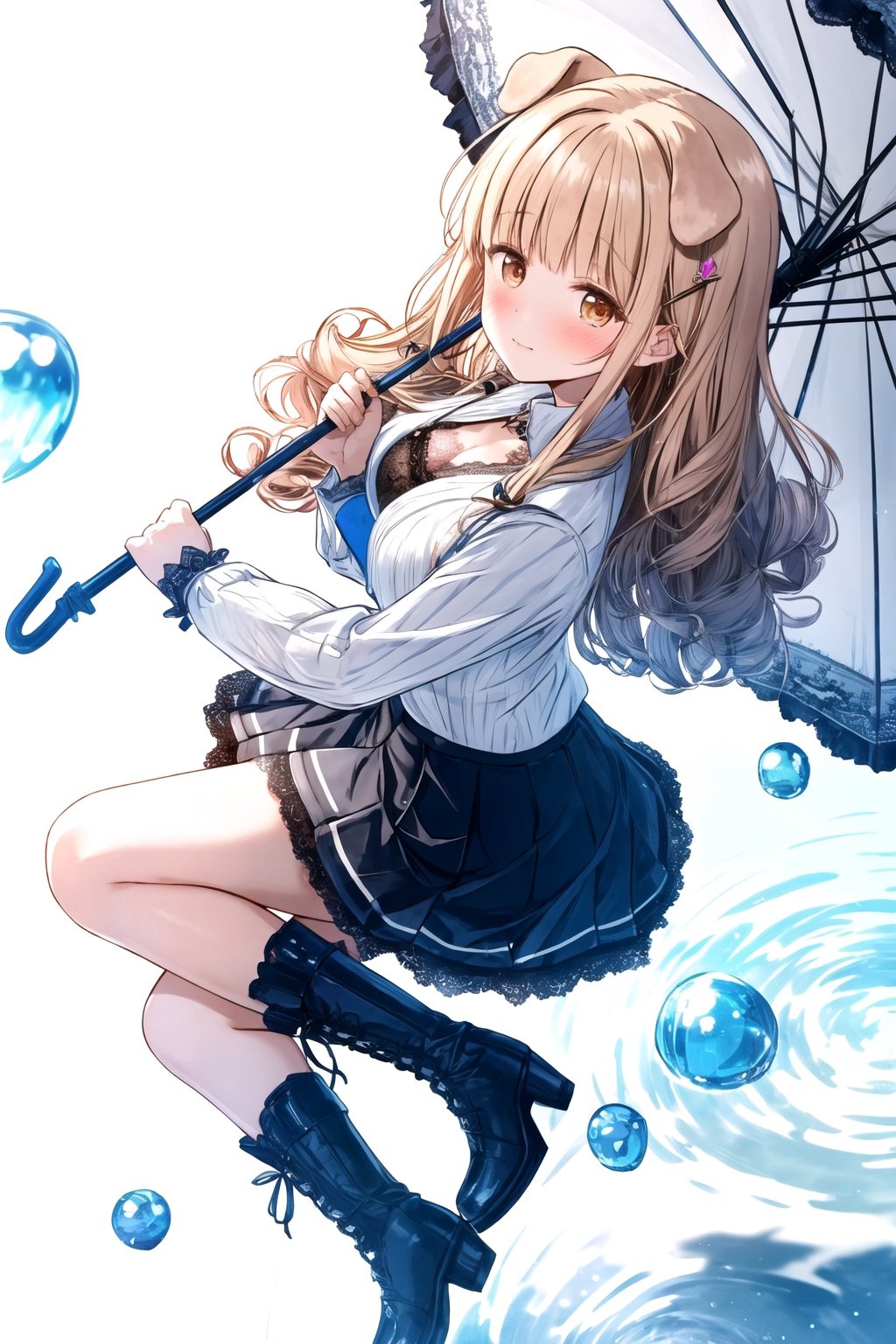 lace bra, long hair,curly hair, (folded dog ears: 1.1), best quality, masterpiece, highres, 1girl,  Mahiru Shiina, intricate details, hairpin, looking slightly shyly to the side, dynamic angle, from side, from above, 1girl, solo, holding {transparent umbrella}, looking at viewer, blush, black hair, hair ornaments, hairpin, frilled shirt, lacing sleeves, miniskirt, black legwear, boots, white background, ray tracing, blue light, {waterdrops}, ripples, reflection, light particles, bokeh,