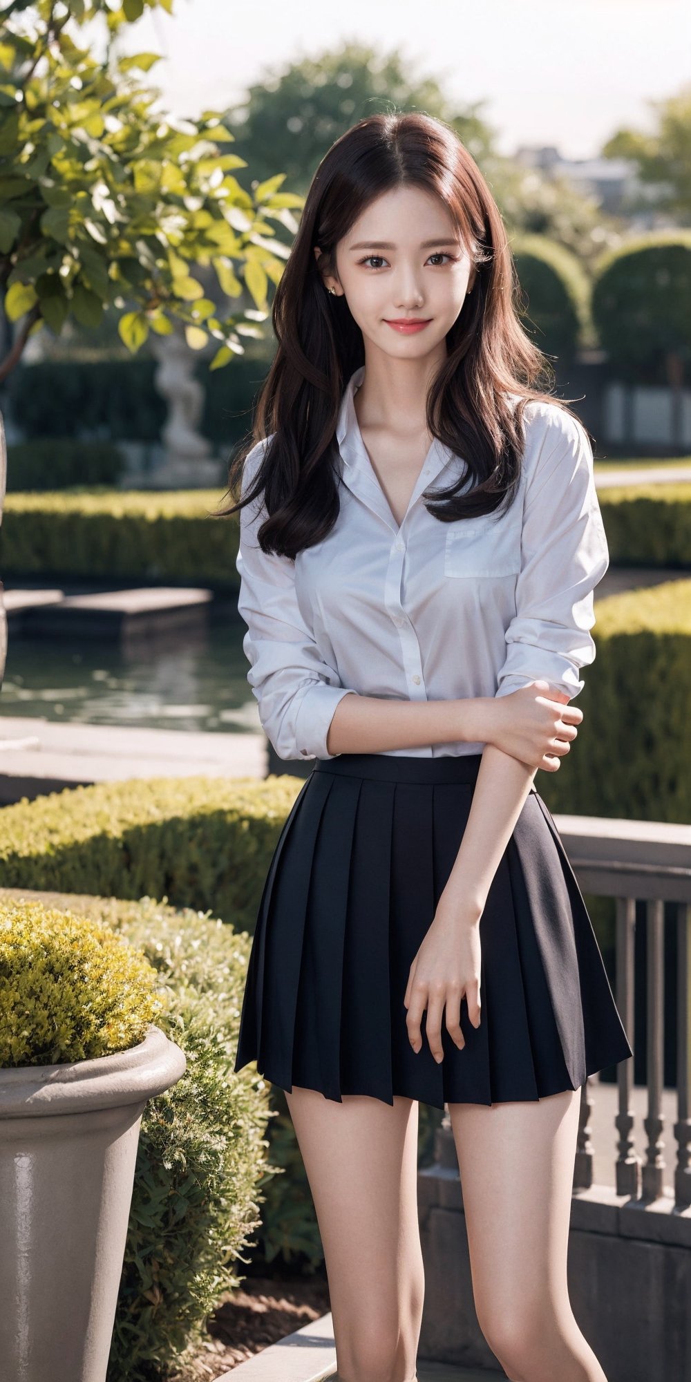 (masterpiece), best quality, high resolution, highly detailed, detailed background, perfect lighting, 1girl solo, bangs, korean girl, 20 yo, highres, solo, garden, sunset,black hair, short hair, water,eye smile,lips smile,{beautiful and detailed eyes},calm expression,slim body,medium natural breast, glamor,full_body, yoona, school uniform, short skirt, standing,
unbutton shirt,