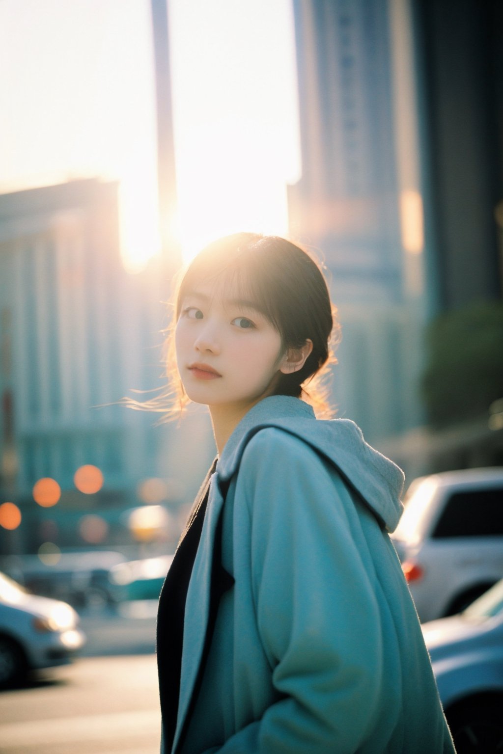 (8k, RAW Photos, top-quality, ​masterpiece:1.2), (realisitic, Photorealsitic:1.37), physically-based renderingt, 女の子1人, japanes, 25-years old, femele, A photo that shows the entire body, during daytime, A city scape, Street, natural soft light, photon maping, Radio City, delicate brushwork, evocative use of light and shadow, wide shot,color contrast,small head, 
head_tilt , cyan_body, coat, side-tie_bikini  , full_body