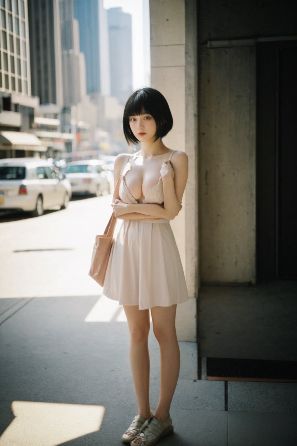 (8k, RAW Photos, top-quality, ​masterpiece:1.2), (realisitic, Photorealsitic:1.37), physically-based renderingt, 女の子1人, japanes, 25-years old, femele, A photo that shows the entire body, during daytime, A city scape, Street, natural soft light, photon maping, Radio City, delicate brushwork, evocative use of light and shadow, color contrast,small head,  
(masterpiece, best quality, perfect detailed, high quality texture and skin:1.3),solo, (__age__:1.8), (__color__ hair, __hairstyle__, __bangs__:1.25), __faces__, __color__ eyes, __eyes__, low blush, (__breasts__:1.45), __NGclothes__, standing,looking at viewer, from front, (full body:1.25), 