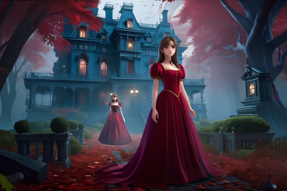 Ghostly environment, cinderella_girls, scary expressions eyes and faces, Ghosts,
, blood red dress, girl standing, Shadowy woods, spectral mist, eerie whispers, haunted mansion, moonless night, unity 8k wallpaper,ultra-detailed, masterpiece, best quality, vignette, High Detail, cinematic, photography,