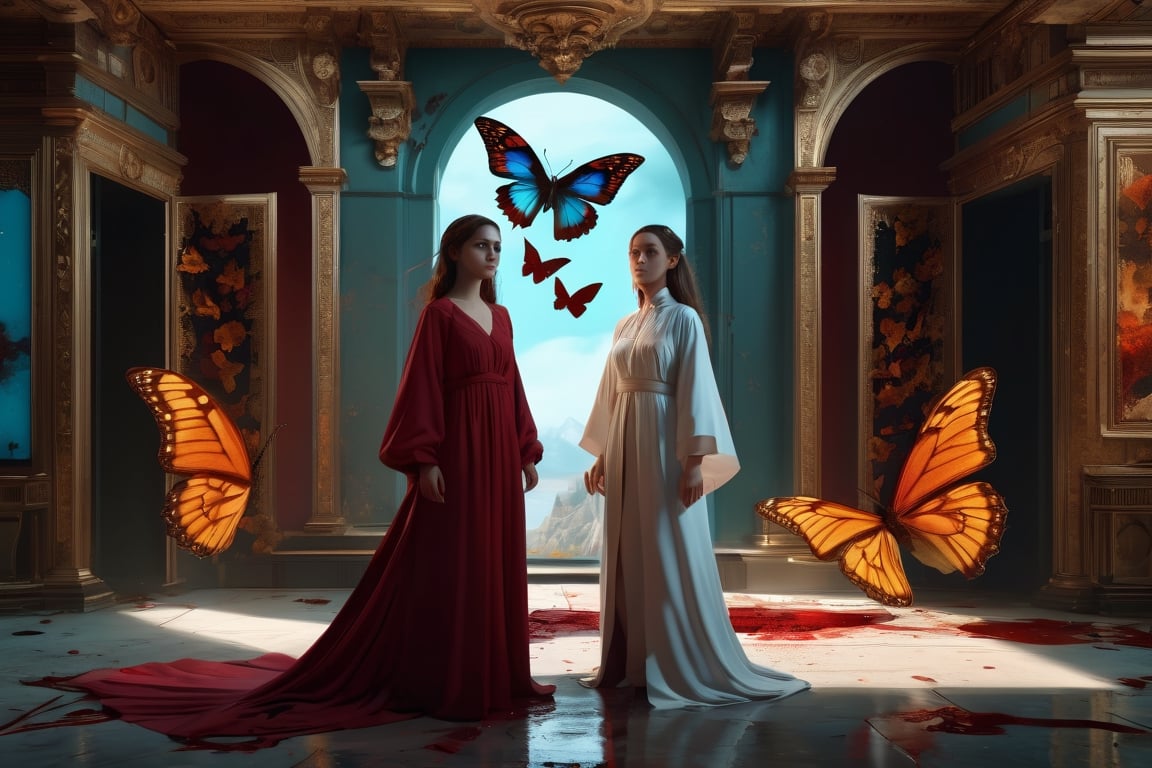 Ghostly environment, boy and girl, scary expressions in their eyes and facs, 
(masterpiece:1.2),elegant,a brutalist design,vivid colours, romanticism, flying butterflies, atmospheric, trending on artstation,8 k masterpiece,1 girls with white robe and blood red dress girl standing,official art,unity 8k wallpaper,ultra detailed,beautiful and aesthetic,masterpiece,best quality,vignette,depth of field,High Detail,hyperdetailed, cinematic,photography,decayed insanity,insanely detailed and intricate,golden ratio,