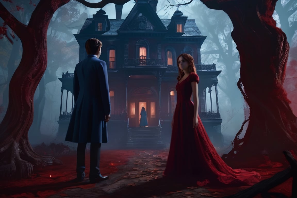 Ghostly environment, boy and girl, scary expressions in their eyes and faces, Ghosts,
, blood red dress girl standing, Shadowy woods, spectral mist, eerie whispers, haunted mansion, moonless night, unity 8k wallpaper,ultra-detailed, beautiful and aesthetic, masterpiece, best quality, vignette, depth of field, High Detail, hyperdetailed, cinematic, photography,