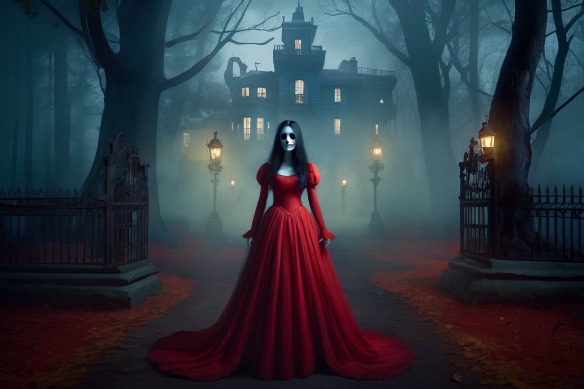 Ghostly environment, scary expressions eyes and faces, Ghosts, red dress, girl, Shadowy woods, spectral mist, eerie whispers, haunted mansion, moonless night, best quality, vignette, cinematic, photography,