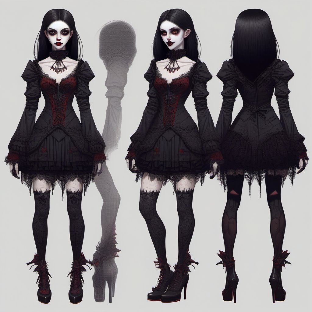 Very detailed eyes. Minidress. Vampire girl. Happy. High heels. Dark style. Pale skin. Front and back orthographic view. S...