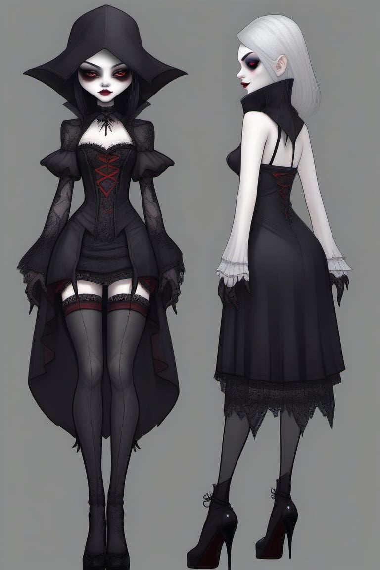 Very detailed eyes. Minidress. Vampire girl. Happy. High heels. Dark style. Pale skin. Front and back orthographic view. S...