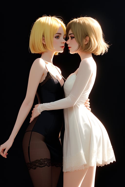 A close-up shot of two blunt bob dark haired girls standing confidently against a dark background. She wears a sleek sheer mini red lace dress that showcases her toned legs, paired with opaque black pantyhose that adds a touch of sophistication. Her bright blonde hair is styled neatly, framing her face as she gazes directly at the camera with a hint of mischief in her eyes., pov lesbian kissing