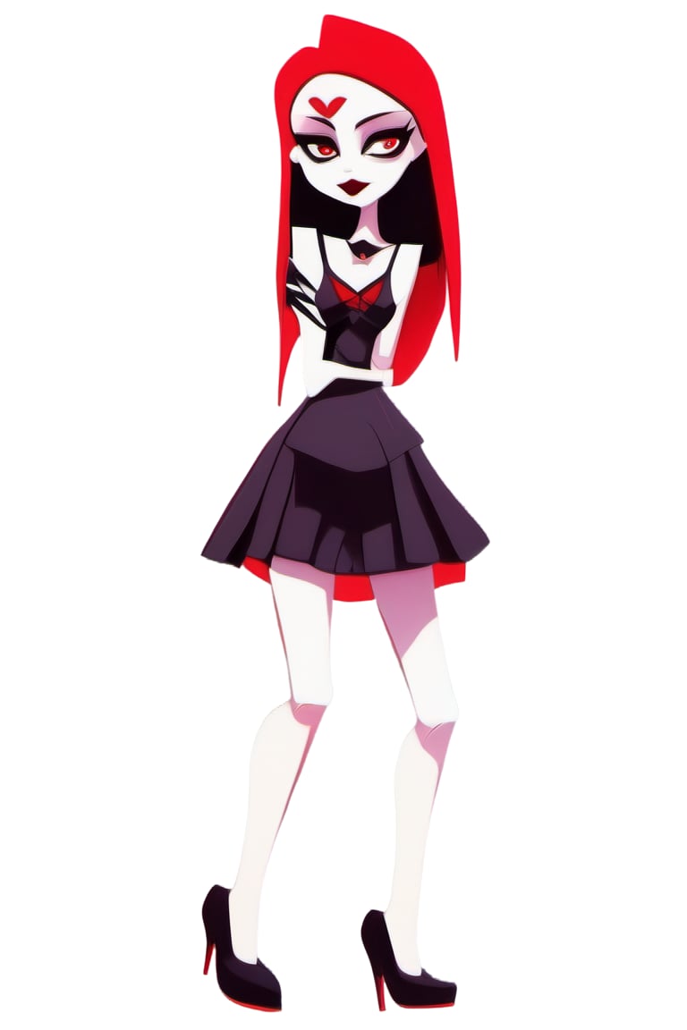 Very detailed eyes. Minidress. Vampire girl. Happy. High heels. Dark style. Pale skin. Front and back orthographic view. S...