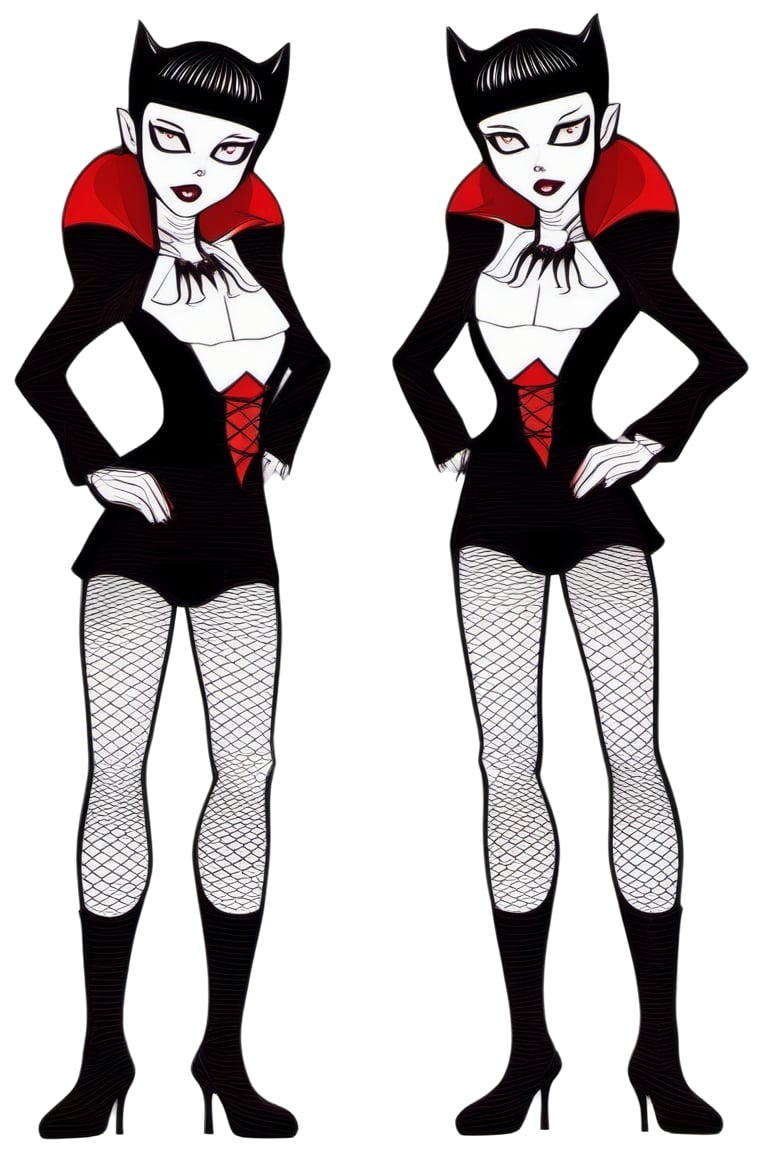 Very detailed eyes. Minidress. Vampire girl. Happy. High heels. Dark style. Pale skin. Front and back orthographic view. S...