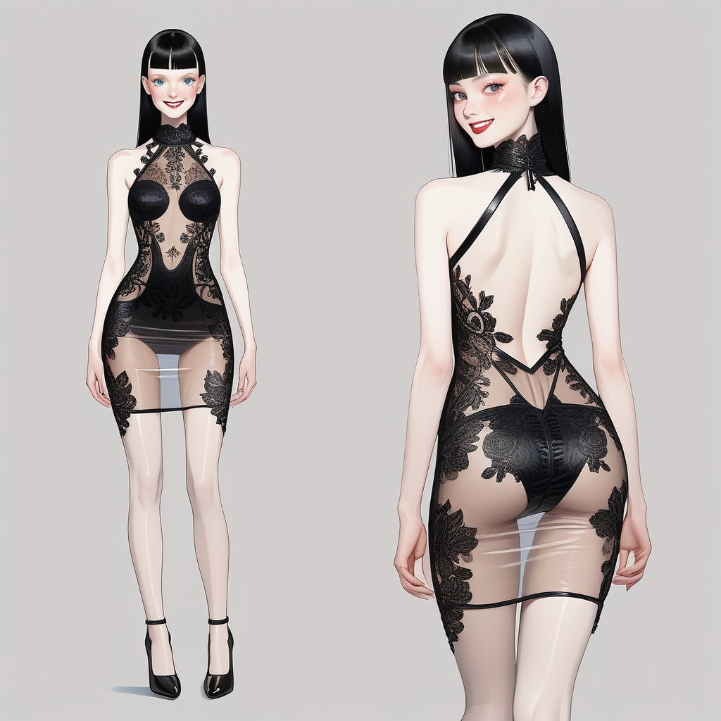 ((Front and back detail view)) Finnish girl. (Fashion Lookbook) Stunning. Smiling. Detailed High heels. Skinny body. Red a...