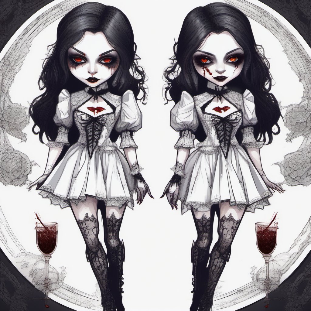 Very detailed eyes. Minidress. Vampire girl. Happy. High heels. Dark style. Pale skin. Front and back orthographic view. S...