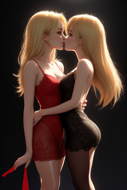 A close-up shot of two blunt bob dark haired girls standing confidently against a dark background. She wears a sleek sheer mini red lace dress that showcases her toned legs, paired with opaque black pantyhose that adds a touch of sophistication. Her bright blonde hair is styled neatly, framing her face as she gazes directly at the camera with a hint of mischief in her eyes., pov lesbian kissing