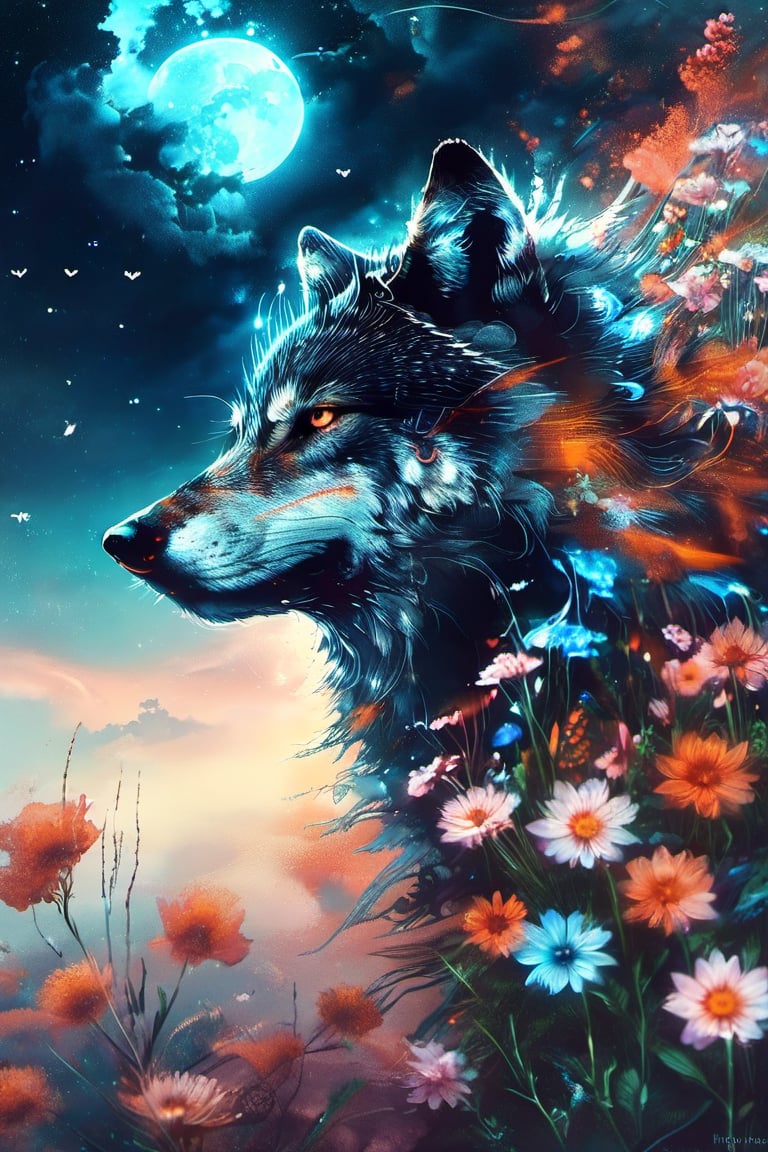 flower, sky, no humans, glowing, animal, glowing eyes, wolf, fox