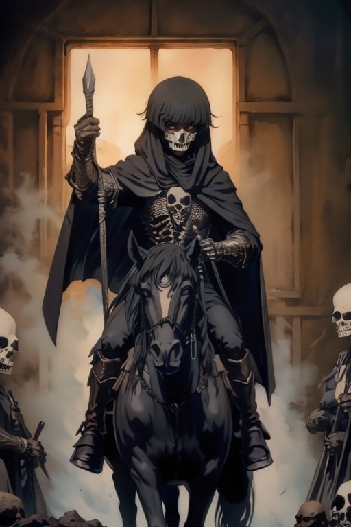 black hair, weapon, male focus, multiple boys, hood, cloak, skull, riding, horse, skeleton, horseback riding,nodf_lora,monochrome,Dorothy