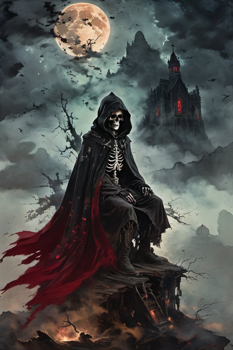 A solitary figure, a young boy, sits atop a mystical realm, surrounded by wispy clouds. He dons a worn leather hood and a dark cloak, adorned with a crimson-stained cross. In the background, a bony skeleton holds a macabre skull, bathed in an eerie, moonlit glow.