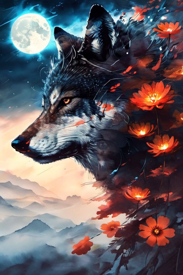 flower, sky, no humans, glowing, animal, glowing eyes, wolf, fox