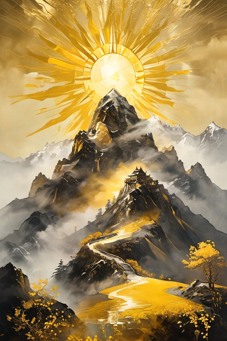 Sun, spring morning, golden mountain built with money, gold, silver, and jewels